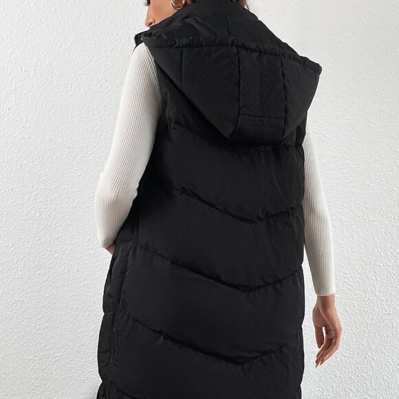 Black Casual Women's Zip Up Slant Pocket Sleeveless Hooded Padded Coat - Picture 2 of 4